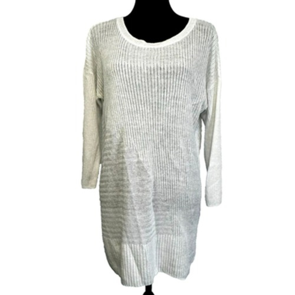 EILEEN FISHER Women's Medium White Organic Linen‎ Ribbed Knit Pullover Tunic Top